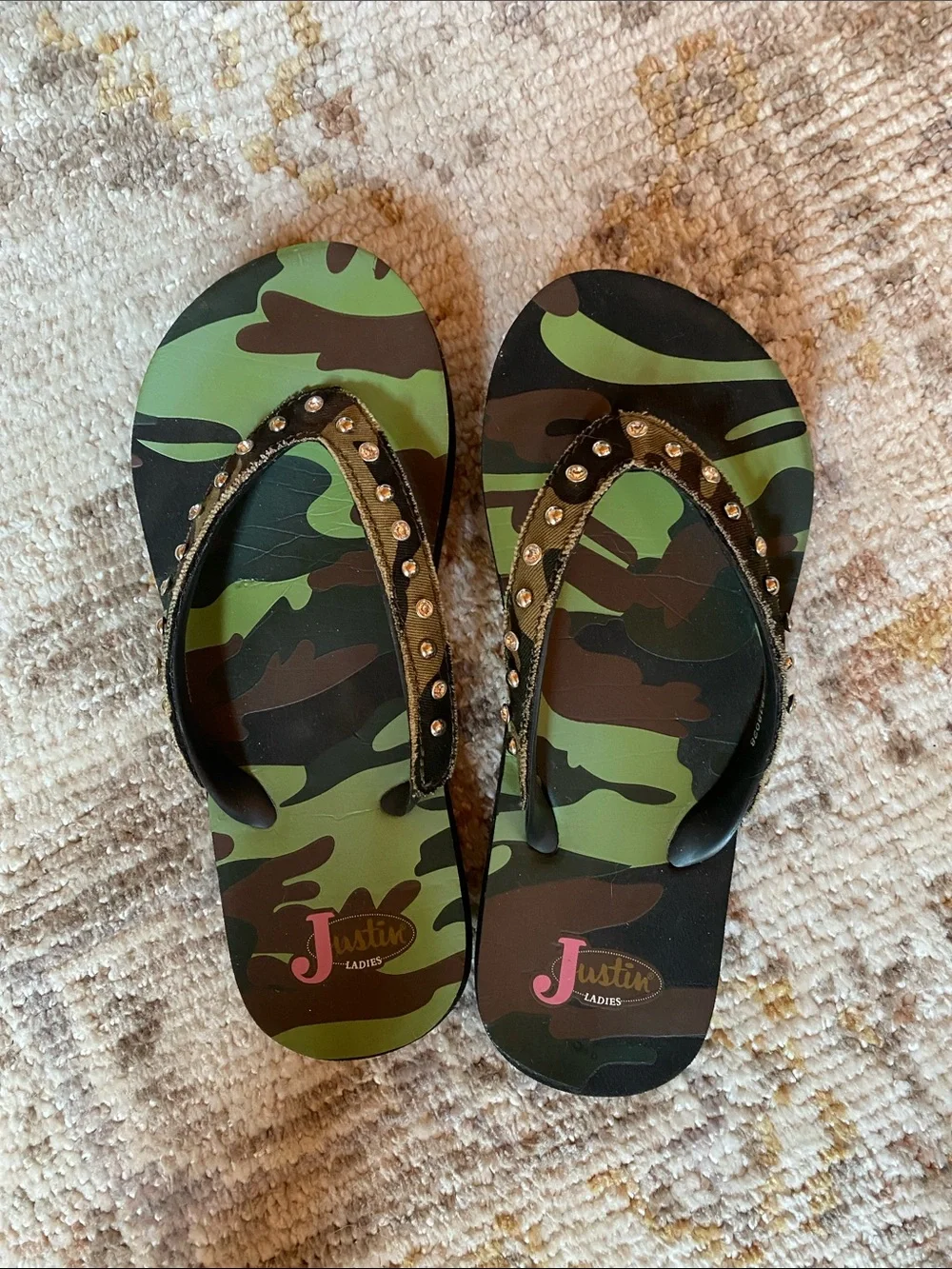Justin Boots Camo Studded Flip-Flops in Green and Brown